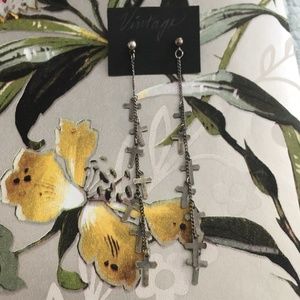 Vintage Silver Tone Dangle Cross Earrings